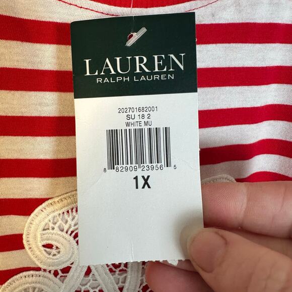 Lauren Ralph Lauren T-shirt red white stripes lace embroidered initials plus Sz - Picture 6 of 10